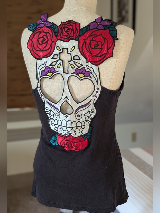 Hell Bunny Tops - Hell Bunny Black Tank Top with Sugar Skull and Red Rose Back Cutout